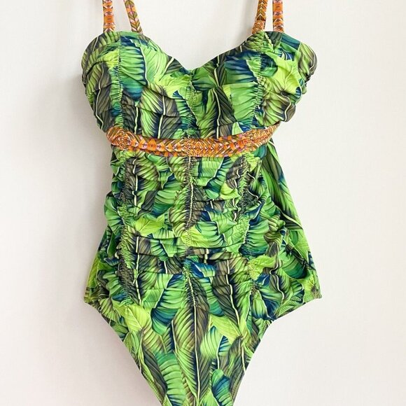 NEW Anita Tropical Leaf Print Ruched Detail Removable Strap One Piece Swimsuit S - Picture 2 of 8